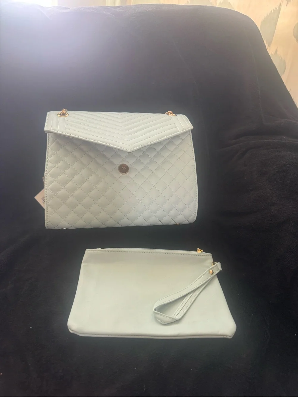 Quilted Chevron Flap Shoulder Bag with Wristlet - Pale Blue vegan leather